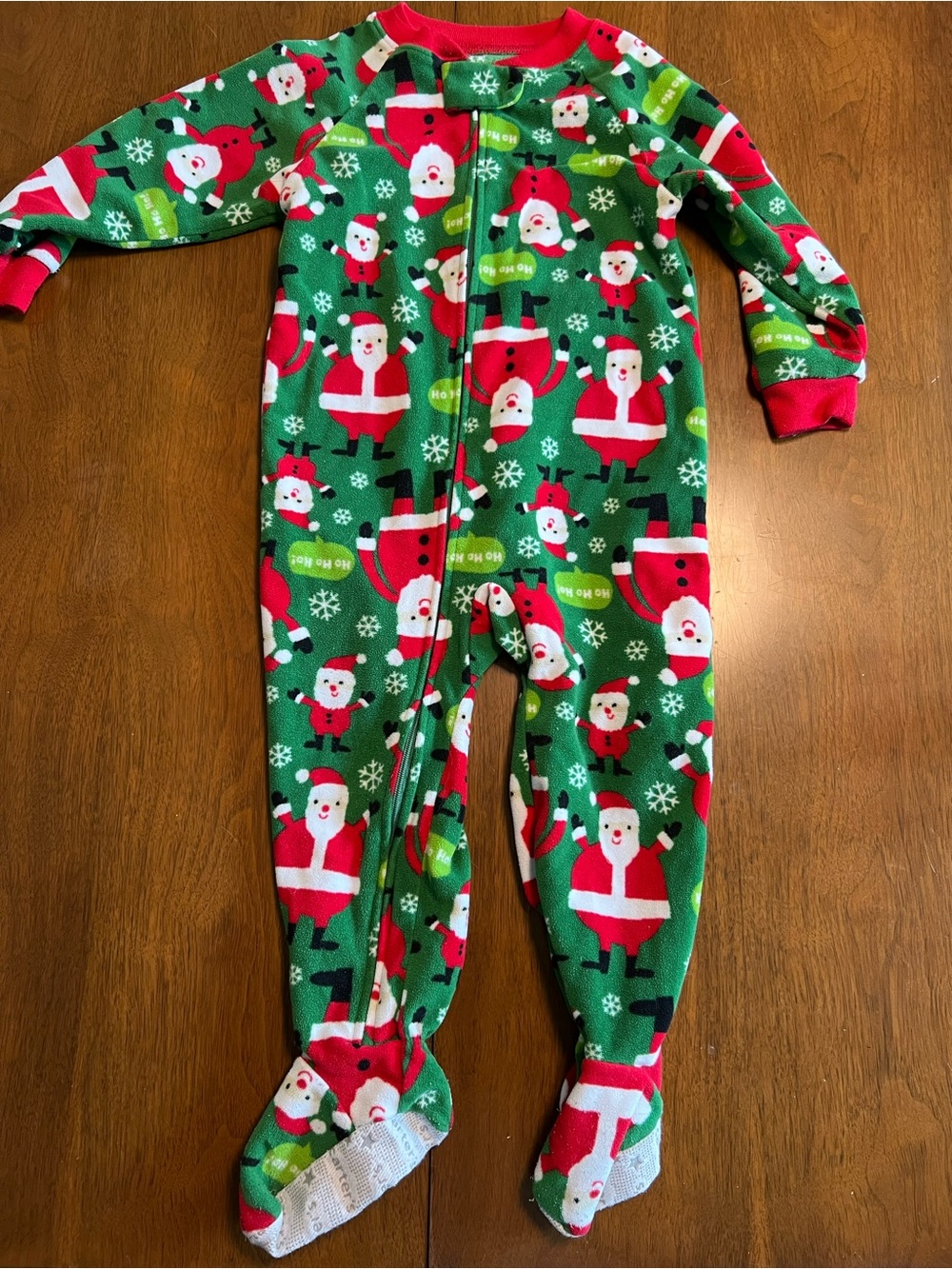 Carter's Green and Red Santa Print Footed Fleece One-Piece Pajamas